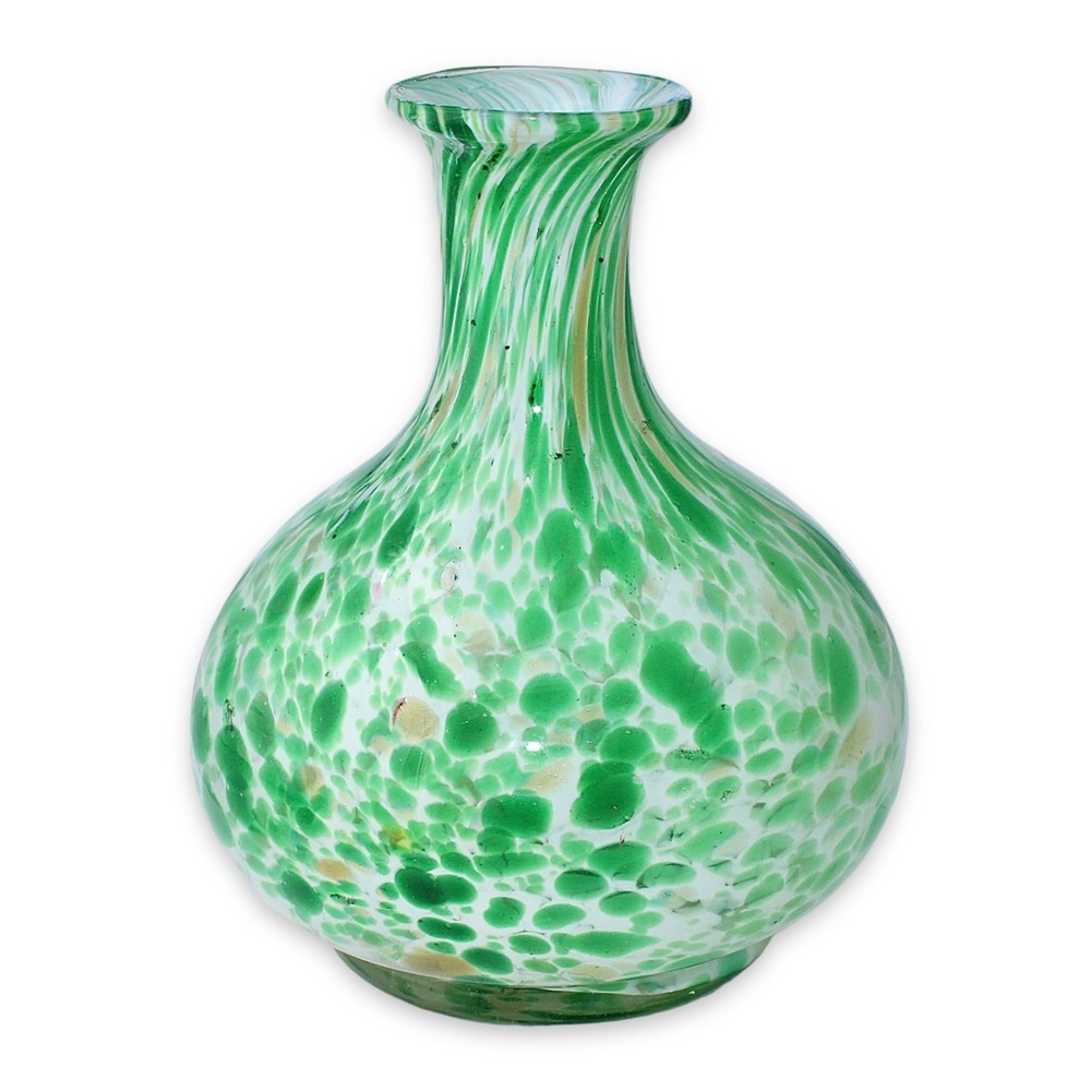Vintage Art Glass Vase Hand Blown Green and White Spotted Confetti